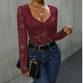 thumbnail image 4 of Odbmxy Womens Blouses Dressy Casual Lace Long Sleeve Womens Top V-Neck Floral Breathable Solid Tight Tops,Red S, 4 of 7