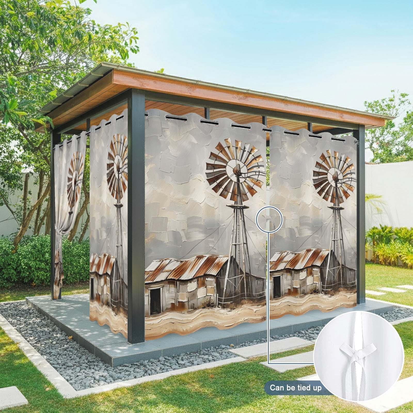 Gray Rustic Windmill Outdoor Curtains for Patio, Farmhouse Country Barn Oil Painting Sunshade Privacy Drapes Grommet Waterproof Outside Curtains for Porch/Cabana/Balcony 54"x 84", 2 Panel