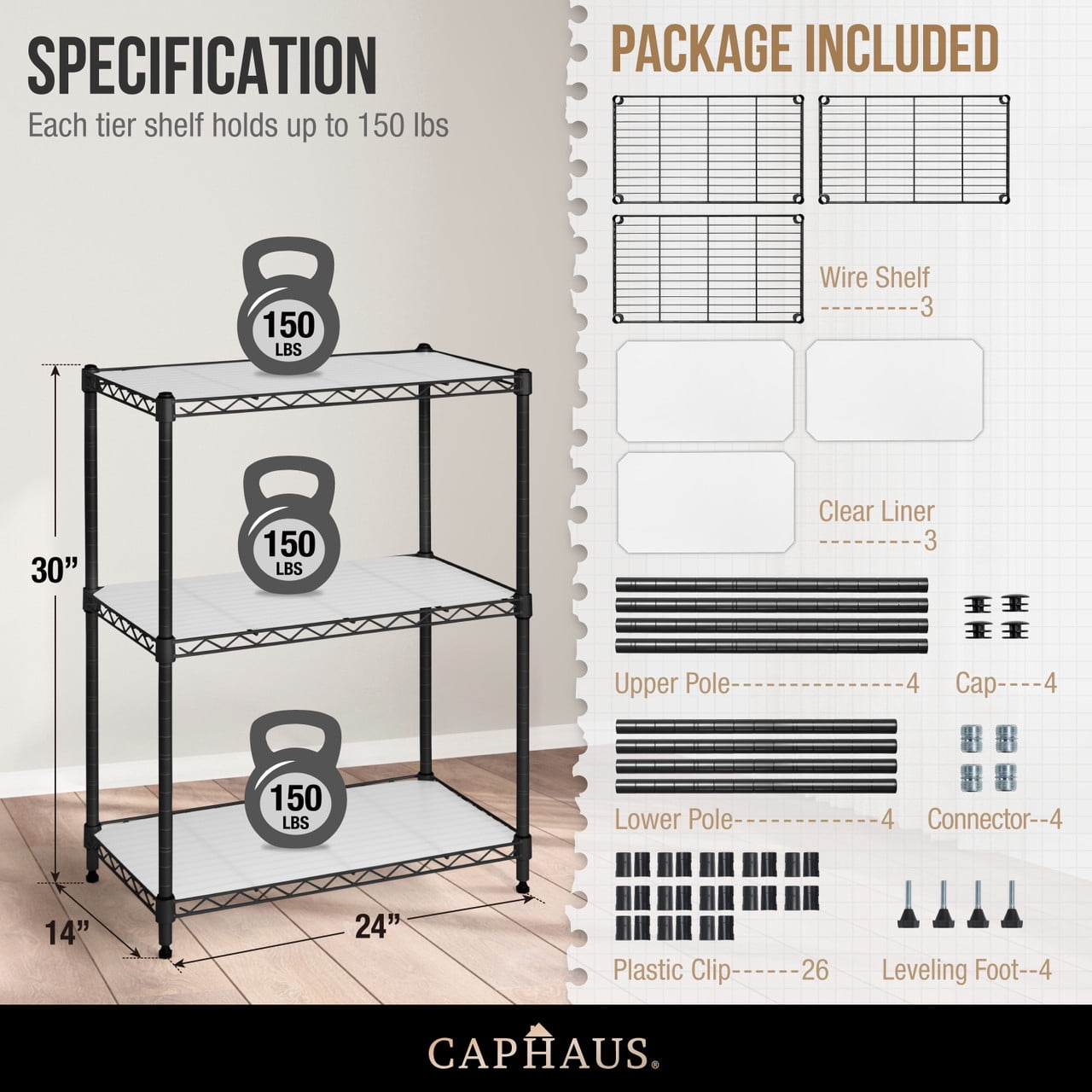 CAPHAUS NSF Adjustable Shelves Metal Wire Shelving Unit w/ Liners, Kitchen Storage Shelving, Metal Steel Storage Shelving, Garage Shelving Storage Organizer, Utility Shelf, 3-Tier No Wheels, Black