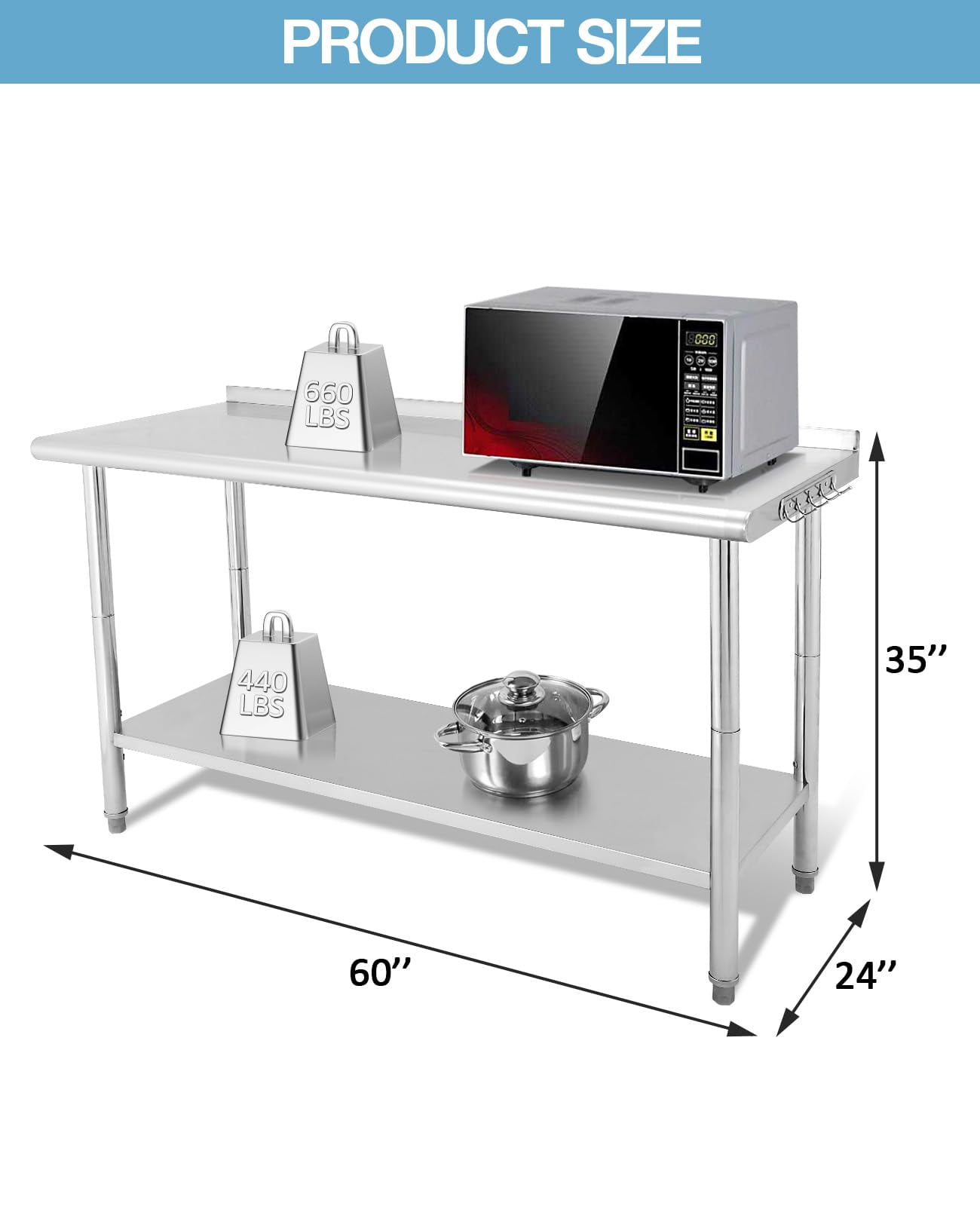 Danolapsi Stainless Steel Table 60" x 24",Kitchen Prep Table,NSF Stainless Steel Metal with Backsplash,Adjustable Undershelf,5 Hooks,Heavy Duty Workbench Workstation Work Table for Restaurant and Home