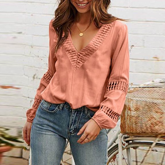 Idoravan Long Sleeve Shirts for Women Clearance Fashion Women Fashion Solid Long Sleeve V-Neck T-shirt Blouse Hollow Out Tops