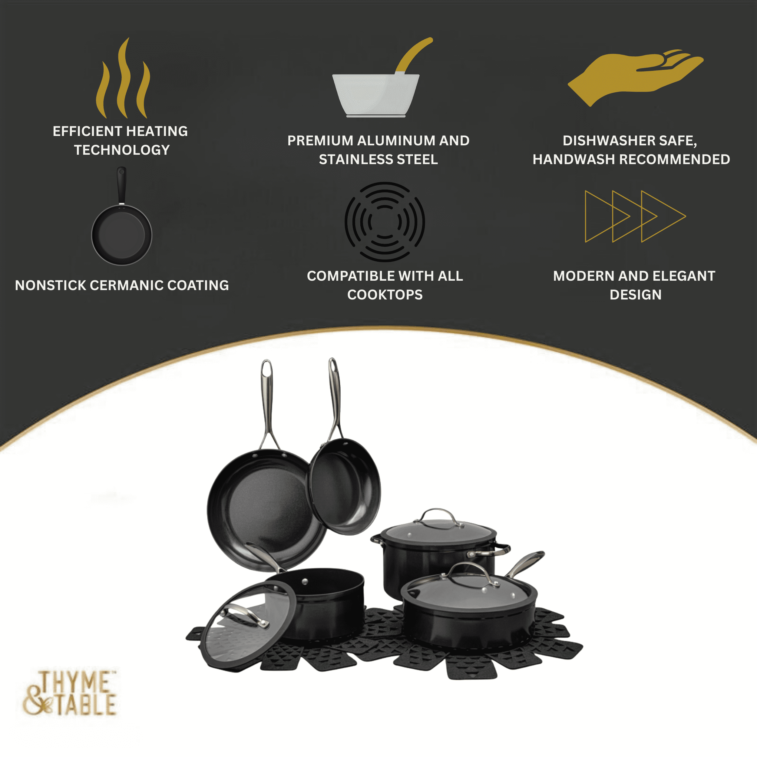 Thyme and Table 12 Piece Nonstick Aluminum Cookware Set, Pots and Pans Set - Gunmetal