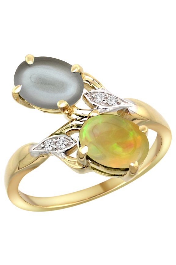 14k Yellow Gold Diamond Natural Gray Moonstone & Ethiopian HQ Opal 2-stone Ring Oval 8x6mm, size 9