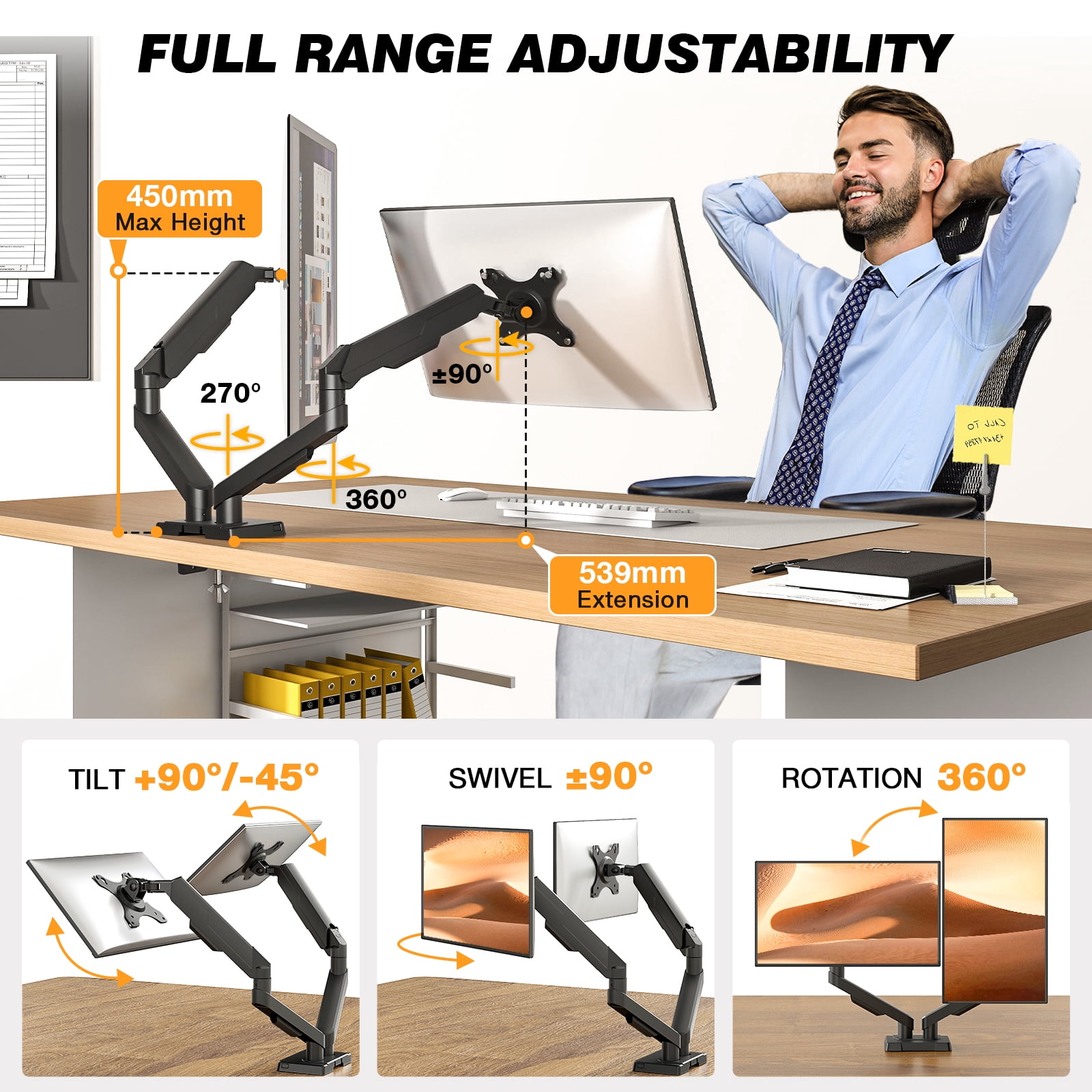 RTVR Dual Monitor Desk Mount Stand Fits Screens up to 34", 360° Heavy Duty Adjustable Arm Desk Mount with Tilt Swivel Rotation, Holds up to 22lbs
