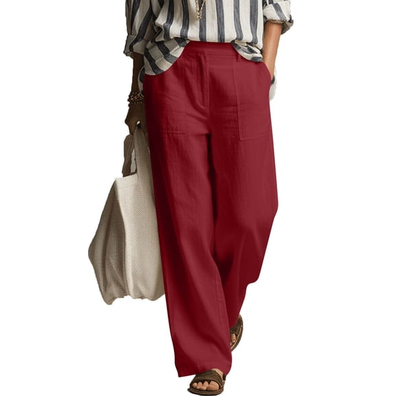 Sevevn Women's Wide Leg Cotton Linen Pants High Waist Loose Fit Casual Trousers with Pockets Wine S