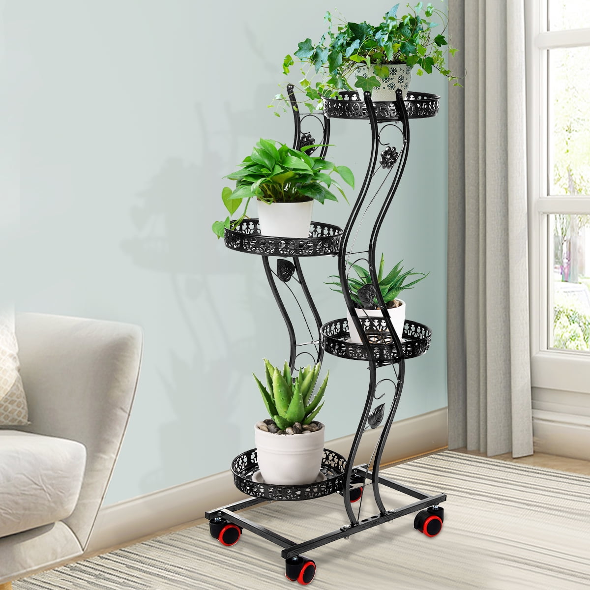 4Tier Metal Shelf Plant Stand with Wheels, Wrought Iron