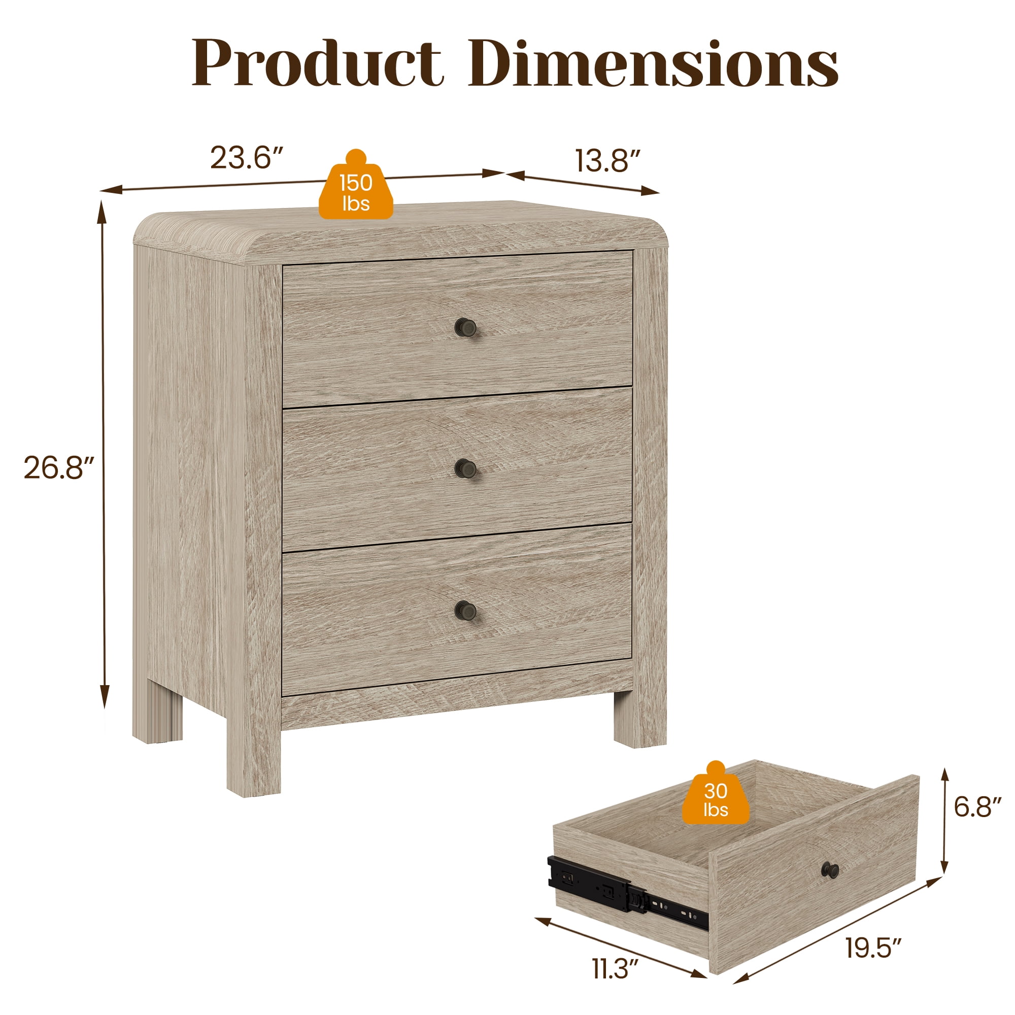 Cozy Home 3 Drawer Dresser Set of 2, Modern Chest of Drawers with Rounded Table Corners, Wooden Closet Dresser Nightstand with Ample Storage Space for Bedroom, Living Room, Entryway, Natural Oak