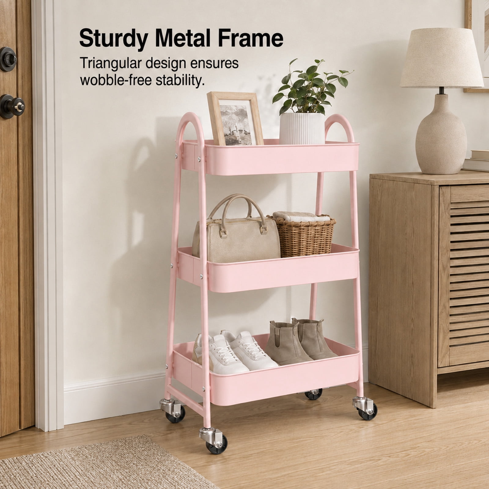 Alvantor 3-Tier Rolling Cart, Metal Rolling Utility Cart with Lockable Wheels, Multi-Functional Heavy Duty Storage Cart Organizer for Bathroom, Kitchen, Living Room, Office
