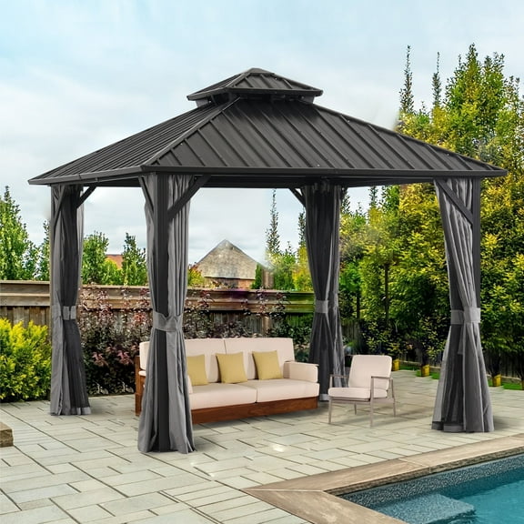 Kommo Kasa 10 Ft. W x 10 Ft. D Outdoor Aluminum Hardtop Gazebo with Double Metal Roof, Curtains and Nettings for Patio,Party