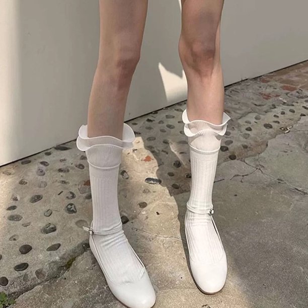Xiao Hua 2 pares de calcetines casuales de tubo de algodón hasta la rodilla para mujer, de punto liso, largos hasta la rodilla, regalo para toda la temporada, elásticos, suaves (blancos)