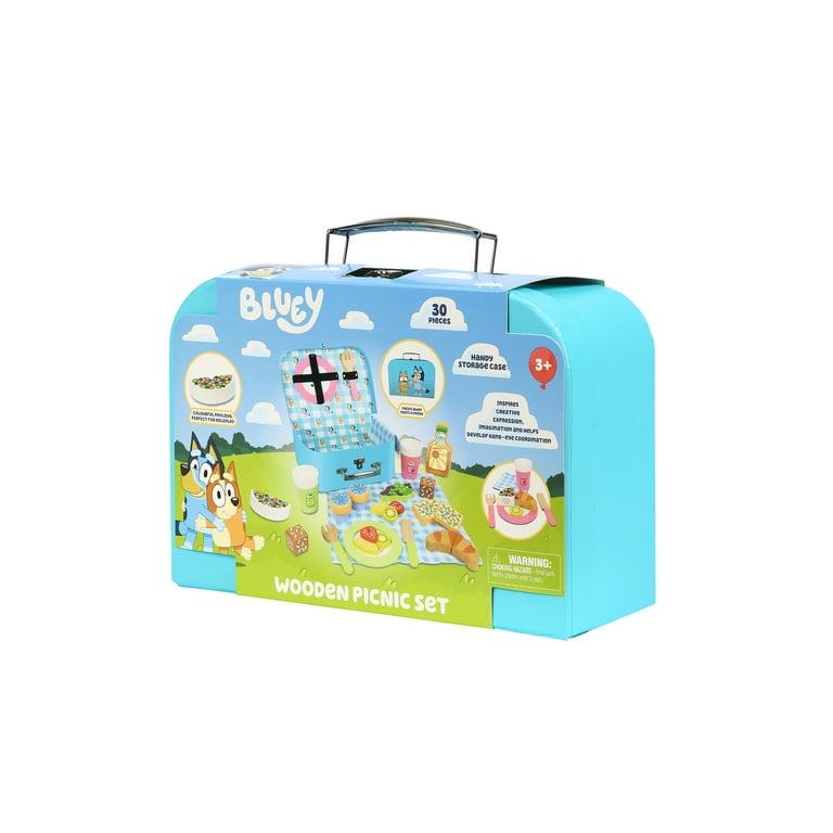 Bluey Picnic Basket Set, 30 Piece Wooden Roleplay Toy with Carry