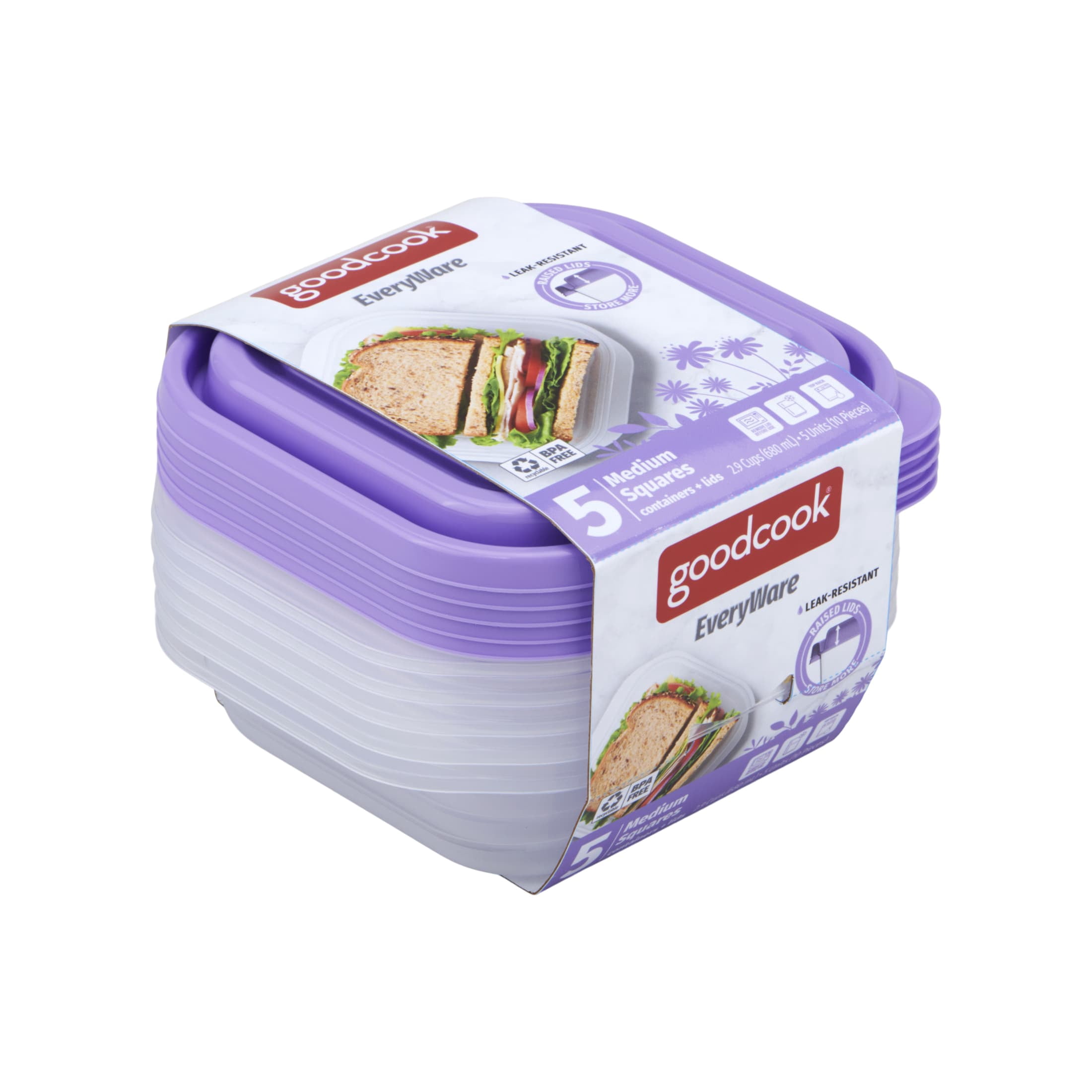 GoodCook EveryWare Medium 2.9 Cup Square Food Storage Container, 10 Piece, Purple, BPA Free