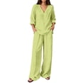 thumbnail image 2 of BRELIL Women Plus Size Summer V Neck Blouse Wide Leg Pants Two Piece Sets Casual Solid Boho Beach Vacation Travel Outfits Loungewear, Green XL, 2 of 7