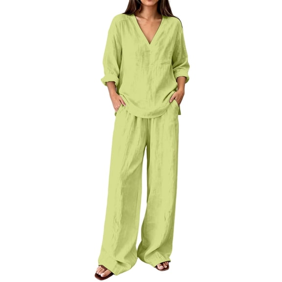Guluxicc 2 Piece Women's Matching Sets Loose Solid Color V Neck Long Sleeve Tops with Wide-Leg Pants Casual Outfit Set