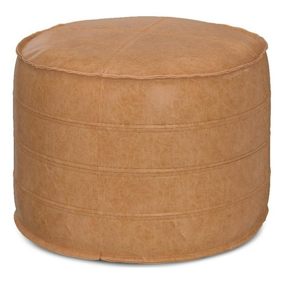 Pemberly Row Boho Round Pouf in Distressed Brown Faux Leather