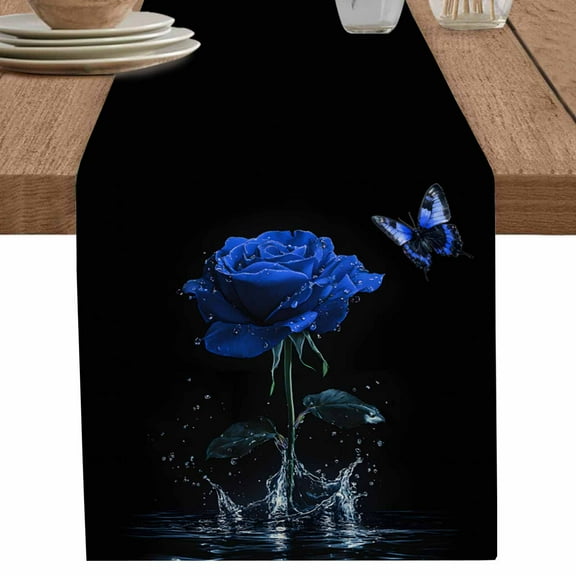 nqOlkjepod Blue Roses Table Runner 72 Inches Long Farmhouse Dress Scarves, Modern Art Splash Flowers Butterfly Dining Tablerunner for Coffee Table/Kitchen Island/Party Décor, 14" x 72"