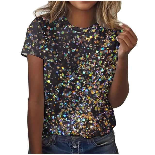 Liquidation! Uooqdmx Hauts à Sequins pour Femmes, Chemises à Manches Courtes pour Femmes, Hauts Scintillants pour Femmes, T-Shirt Décontracté à Col Rond Imprimé à Sequins, Hauts de Printemps pour Femmes 2025, Noir m