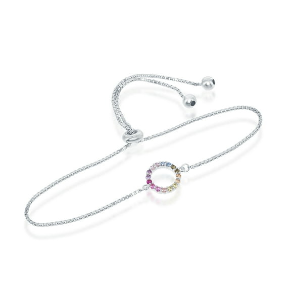Sterling Silver, Rose Gold Plated, Or Gold Plated Rainbow CZ Open Circle Adjustable Bolo Bracelet