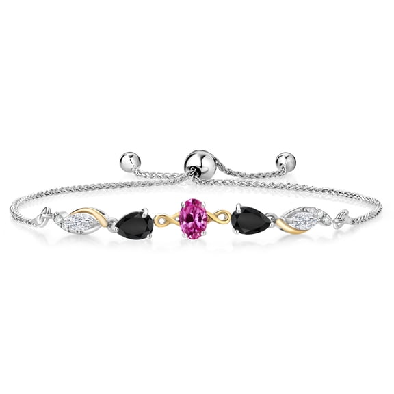 Gem Stone King 925 Silver and 10K Yellow Gold Pink Created Sapphire Black Onyx White Moissanite and Lab Grown Diamond Tennis Bracelet for Women By Keren Hanan (1.50 cttw, Adjustable up To 9 inch)