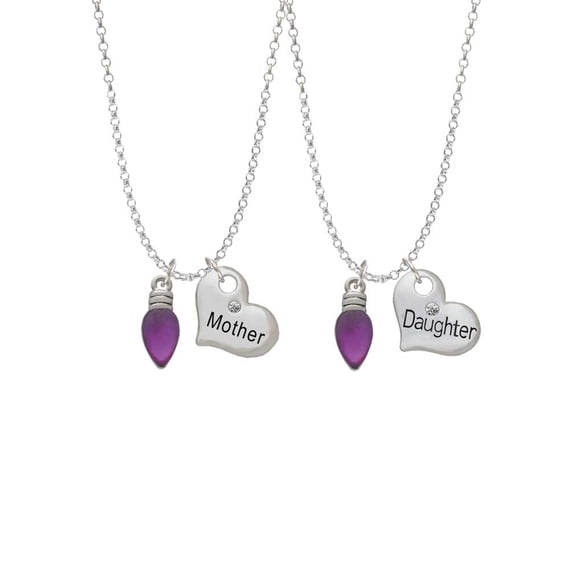 Delight Jewelry Silvertone Christmas Lights - Purple Resin Mother & Daughter Heart Necklaces (Set of 2), 19"+2"