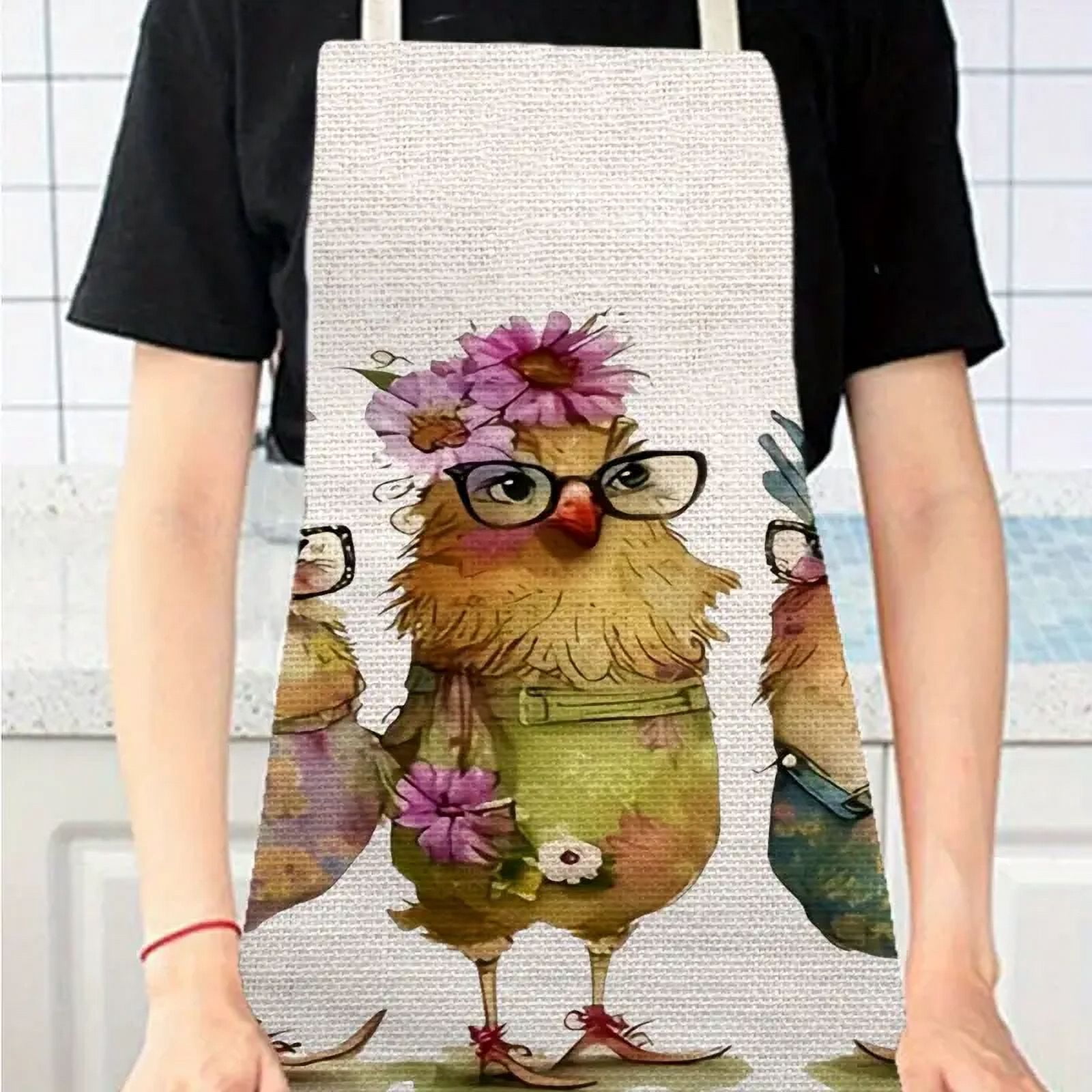 2PCS Kitchen Apron Cartoon Rooster Pattern Linen Apron, Rustic Farmhouse Kitchen Cooking Apron With Adjustable Strap For Home Use