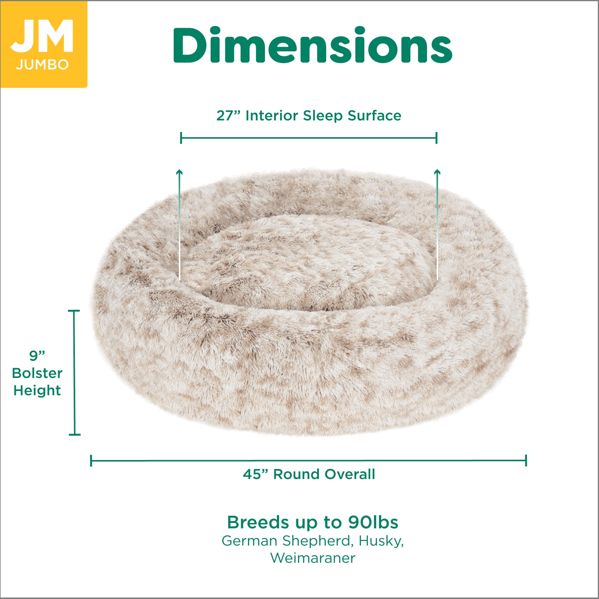 Furhaven 45" Round Calming Donut Dog Bed with Washable & Removable Cover & Bolster - Shaggy Plush Long Faux Fur Ball Bed - Driftwood, For Dogs Up to 90 lbs, Jumbo/XL