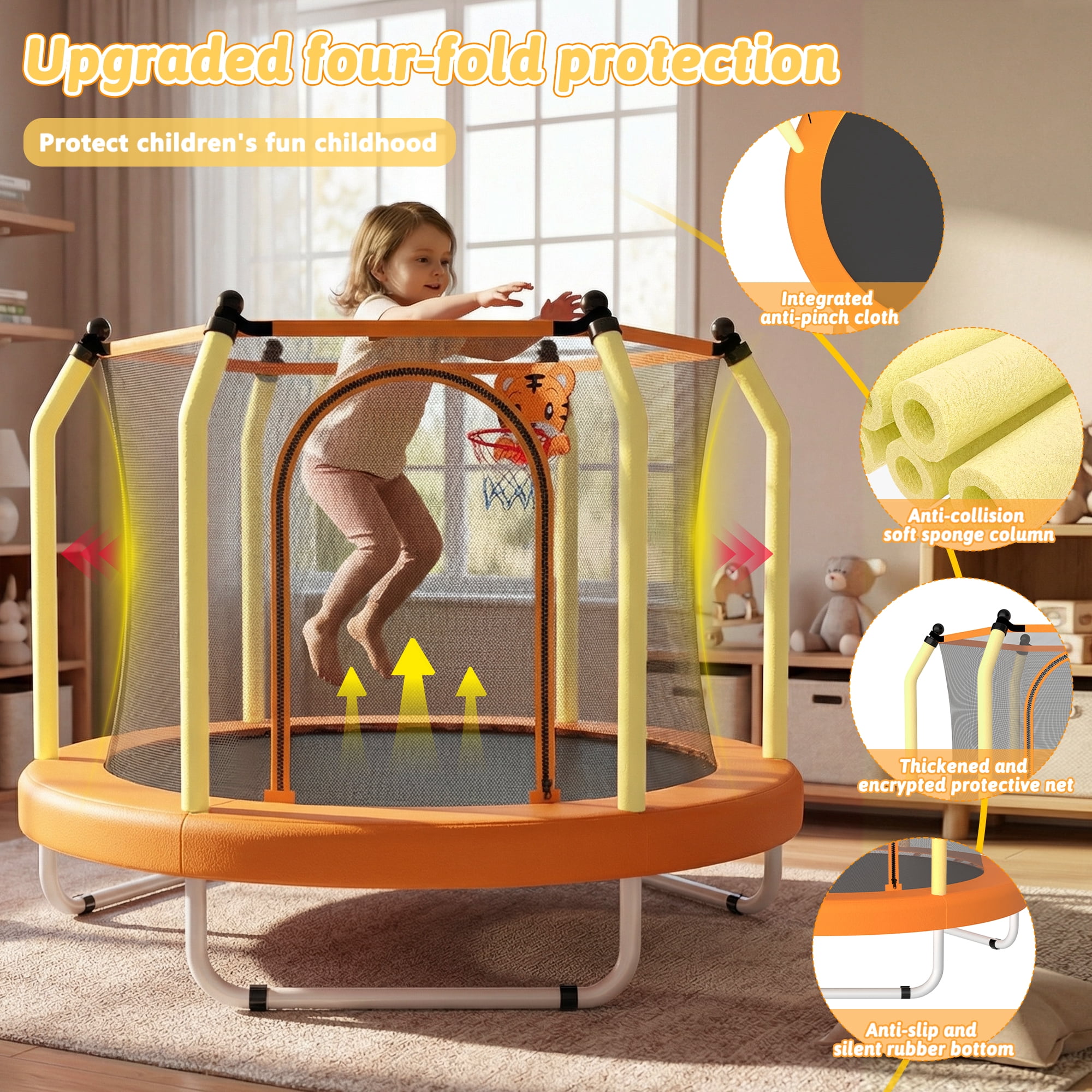 Mersco 55inch Kids Trampoline for Toddlers,Indoor and Outdor Trampoline with Safety Net, Mini Small Children Trampolines with Basketball  Hoop,Toddler Trampoline Birthday Gifts for Boys Girls, Orange