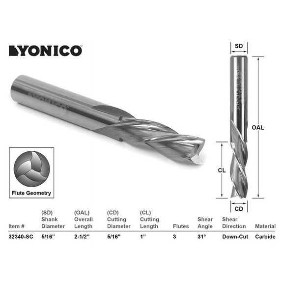 Yonico CNC Router Bit Down Cut 3 Flute 5/16" Dia. X 1" X 5/16" Shank - 32340-SC
