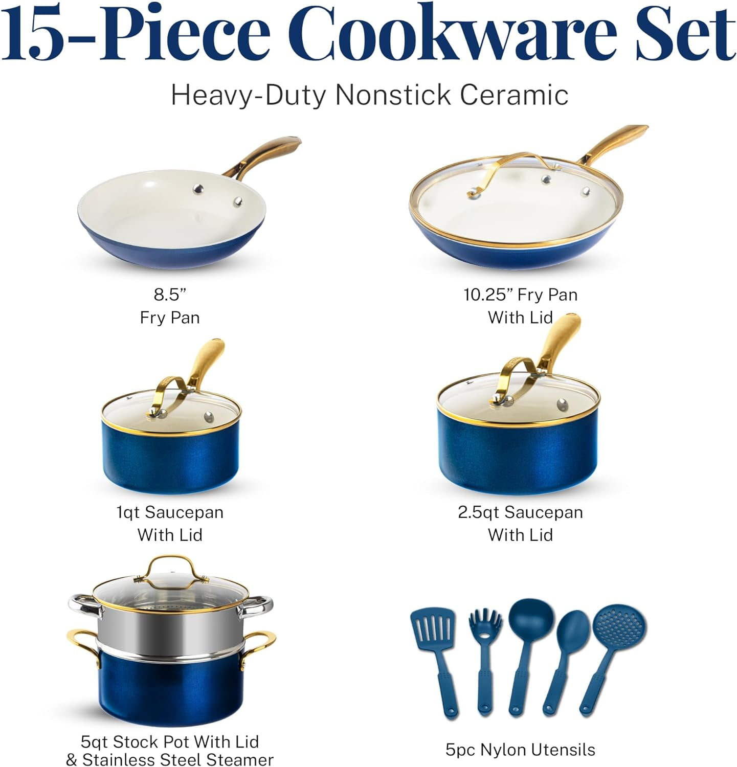 Gotham Steel 15 Pc Pots and Pans Set Non Stick, Upgraded Ceramic Cookware Set Nonstick, Pot and Pan Set with Steamer & Utensils, Non Toxic, Premium Stay Cool Handles, Oven & Dishwasher Safe, Blue