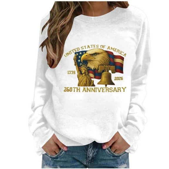 SBYOJLPB USA 250th Anniversary Long Sleeve T-Shirt 1776-2026 Patriotic Independence Day Shirt with Liberty Statue Eagle Graphic Top for Men Women Casual Wear White