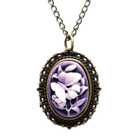 Functional Copper Pendant - Butterfly Flower Pocket Watch Necklace Pendant Copper Color Anti-Tarnish Woman Timepiece, WP-17
