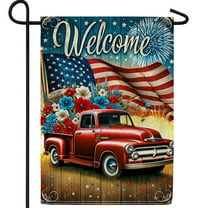 America Forever Welcome Summer American Red Truck 4th of July Garden Flag, 12.5x18 inch Double Sided, Patriotic America Vintage Pickup Yard Outdoor Home Floral Flowers Lawn Outside Decorations