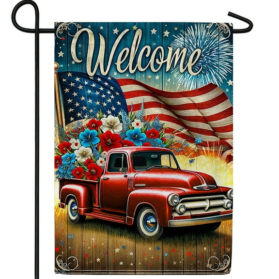 America Forever Welcome Summer American Red Truck 4th of July Garden Flag, 12.5x18 inch Double Sided, Patriotic America Vintage Pickup Yard Outdoor Home Floral Flowers Lawn Outside Decorations