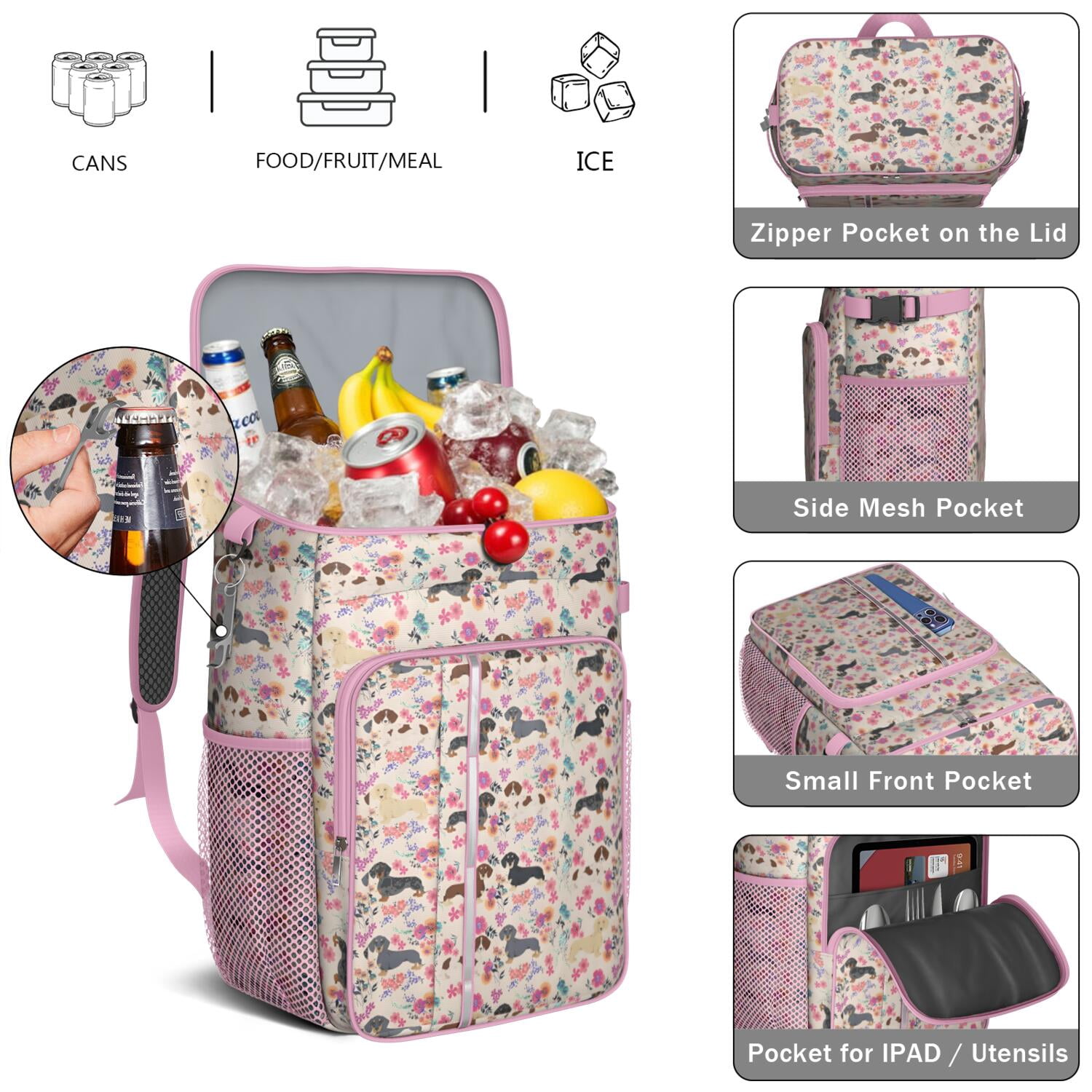 Travel Cooler Bag - Dachshund and Flower Camping Beer Cooler Backpack with Bottle Opener- Waterproof Insulated Picnic Backpacks - Cooler Bag for Beach