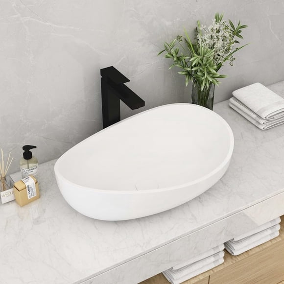 Weibath Oval Vessel Sink Stone Resin Bathroom Sink Modern Art Sink Matte White with Pop Up Drain (Matte White)