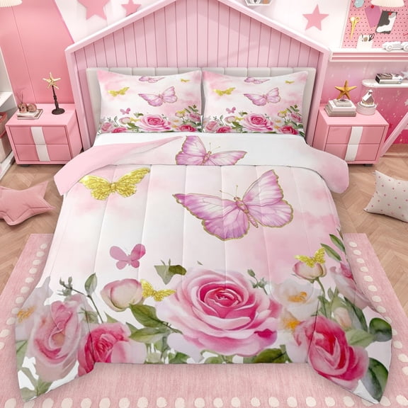 Castle Fairy Kids Children Flying Floral Butterflies Bedding Comforter Set 2pcs,Bling Golden Glitter Twin Comforter Sets Microfiber,Spring Garden Breathable Bedding Set,Luxury Bedroom Decor