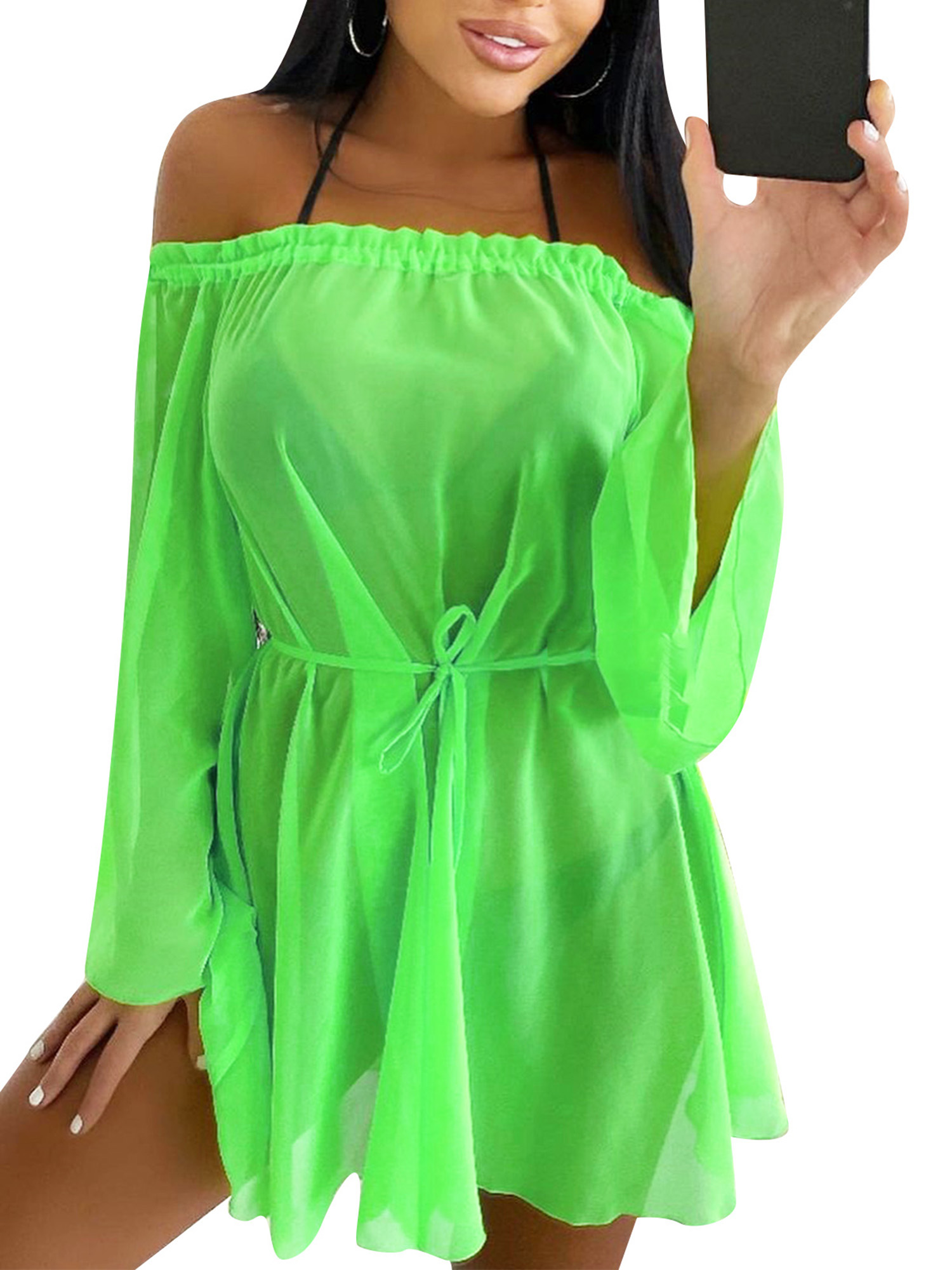 wybzd Women Swimsuit Cover Ups Dress Off Shoulder Long Sleeve See