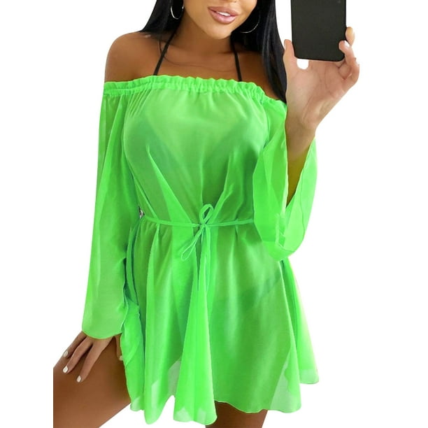 wybzd Women Swimsuit Cover Ups Dress Off Shoulder Long Sleeve See Through Summer Bikini Beach