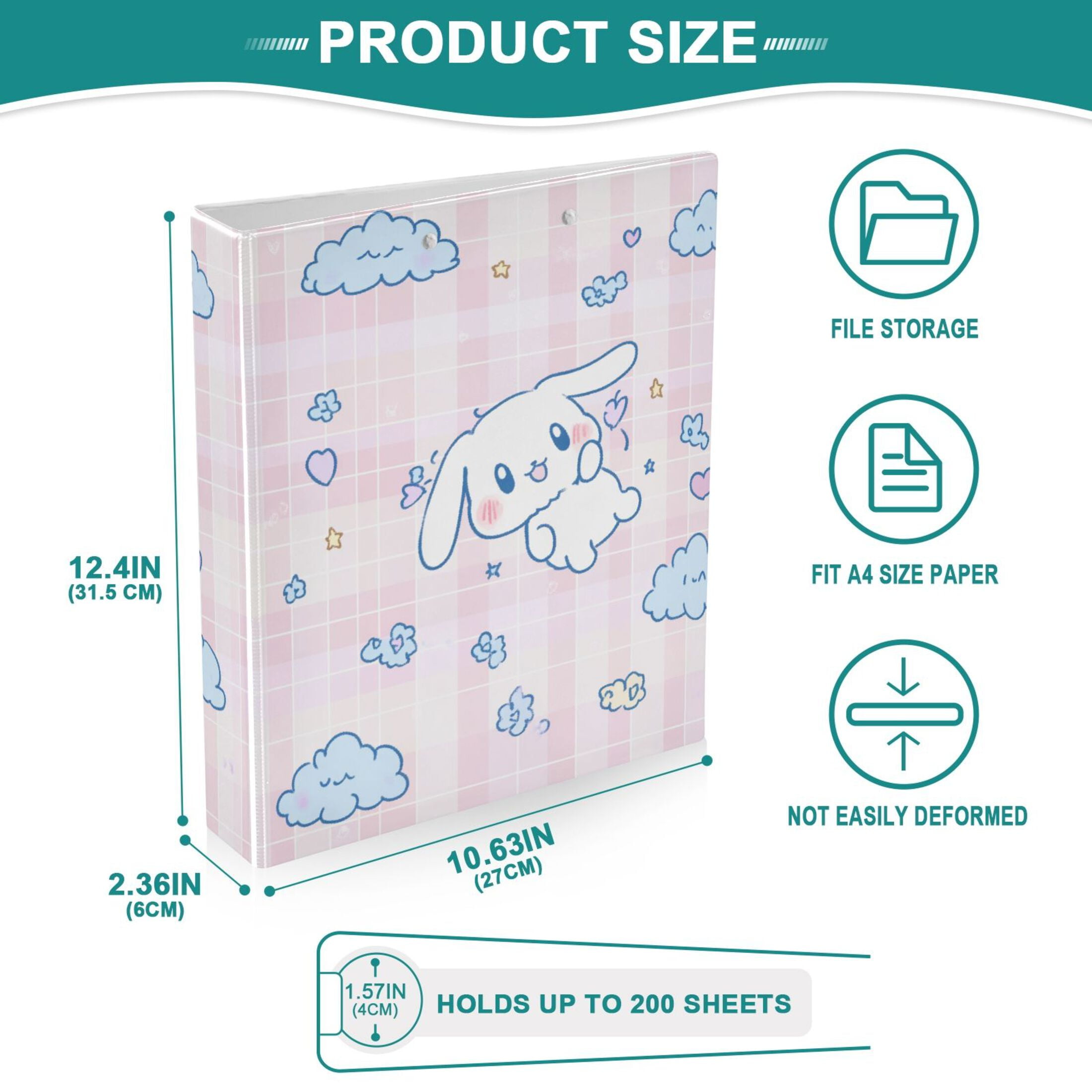 Cinnamoroll Flying in Sky Hardcover 3 Ring Binder 1.5” Round Rings Letter Size Paper Pockets for School Office Supplies