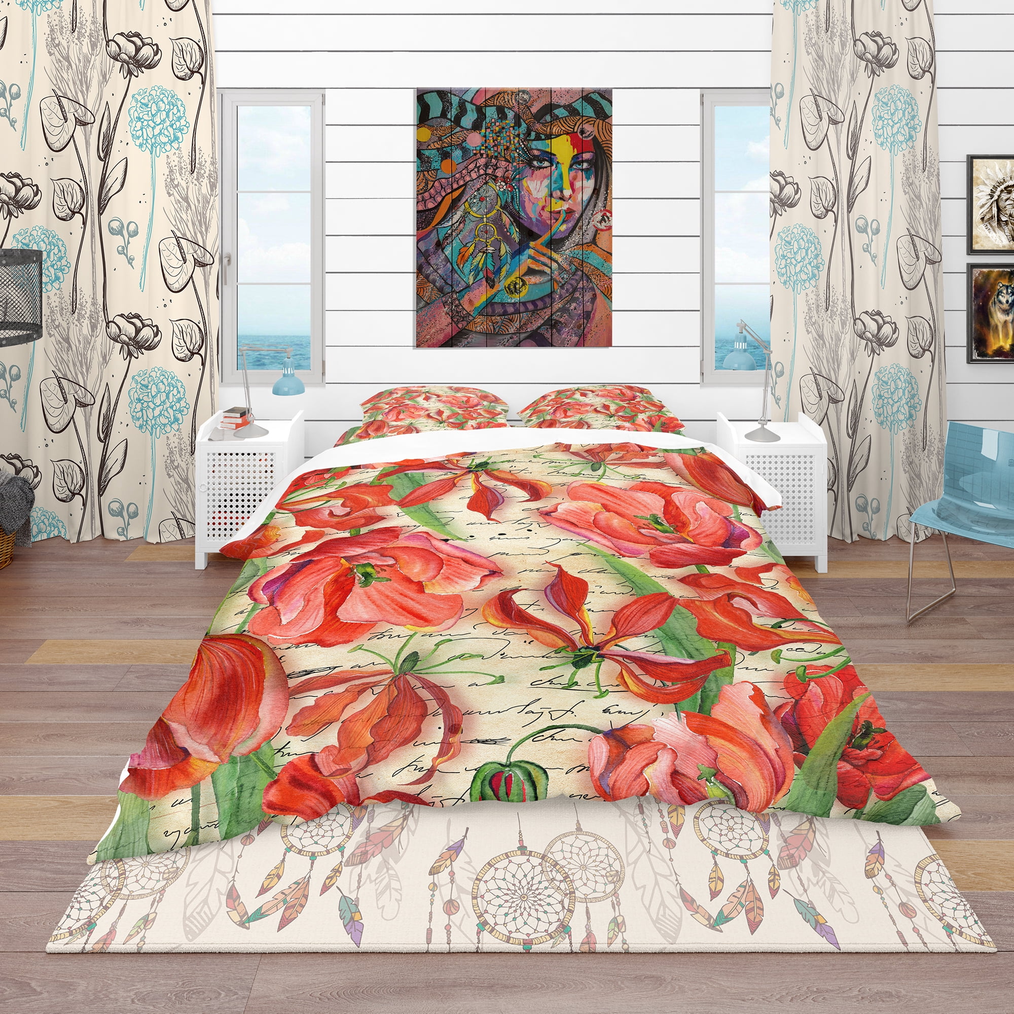 Designart 'Red Flower Pattern' Vintage Duvet Cover Set