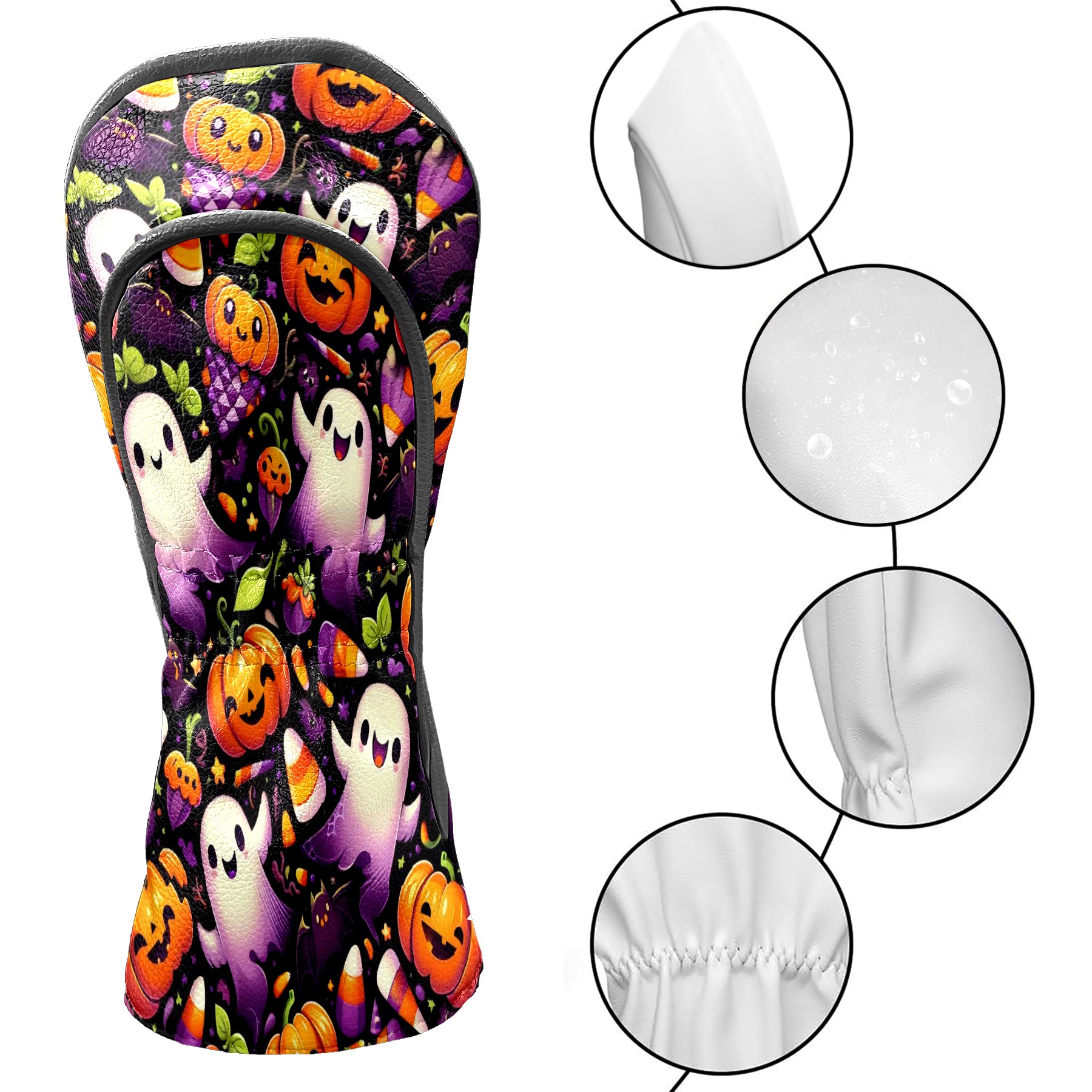 Golf Club Covers, Orange Halloween Ghosts Premium PU Leather Driver Hybrid Putter Head Covers with Velvet Lining, Waterproof Golf Gifts for Men Women