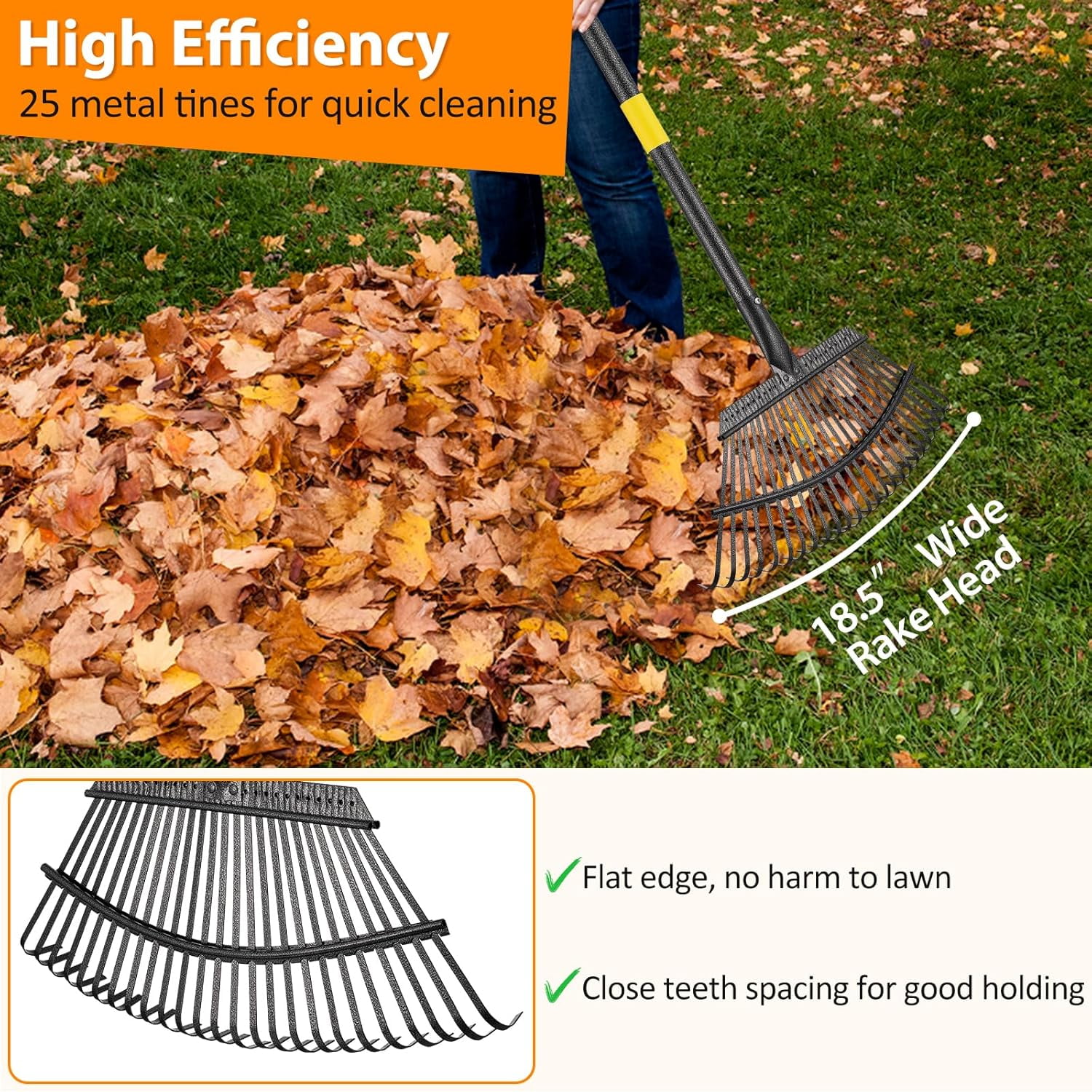 25-Tine Leaf Rake, 60-inch Heavy Duty Metal Garden Rake for Lawns & Yards – Small Rake Head