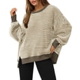 thumbnail image 4 of BODOAO Women's Fall Oversized Sweatshirt Casual Waffle Knit Long Sleeve Crewneck Split Pullover Tunic Tops Knit Striped Shirt Lightweight Fall Pullover Sweater Khaki S, 4 of 4