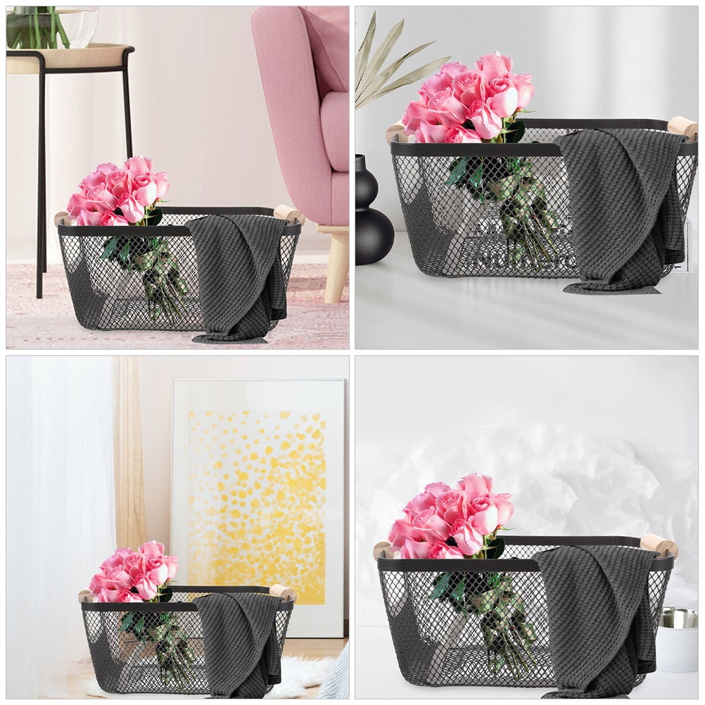 WHAMVOX Black Wrought Iron Wire Storage Basket with Wooden Handles for Organizing and Storage 12 x 8 x 6.5 Inches