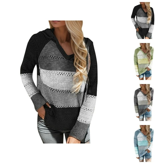 Color Block Sweater Hoodies for Women 2025 Long Sleeve V-Neck Knitted Sweater Hoodie Hooded Sweatshirt Women Pullover
