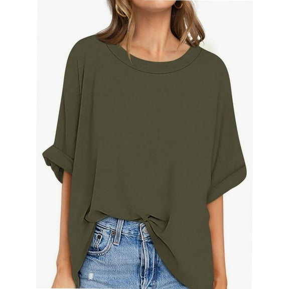 Oversized T Shirts for Women Short Sleeve Loose Fit Crewneck Summer Tops Casual Basic Rolled Sleeves Tee Shirt