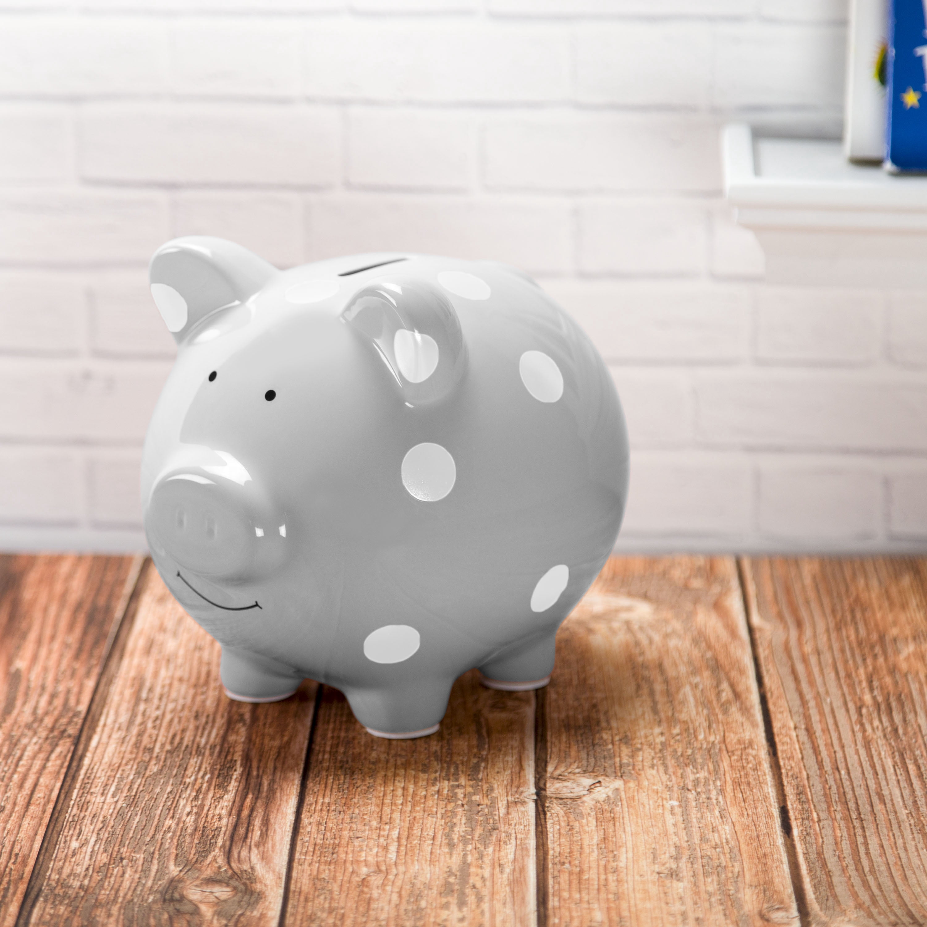 Pearhead Ceramic Piggy Bank, Gray and White Polka Dot, Gender Neutral, Nursery Decor