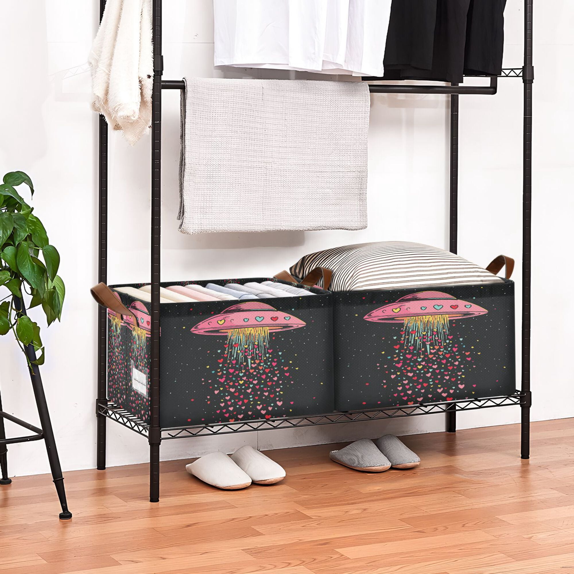 Yayeee Foldable Storage Basket for Shelves Waterproof Cloth Bins with Handles, UFO with Hearts Pattern