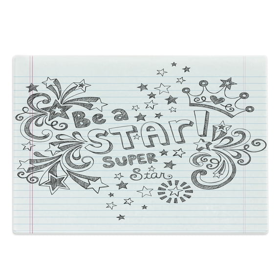 Teen Room Cutting Board, Be a Super Star Phrase on a Notebook Paper Backdrop with Stars and Crown Print, Decorative Tempered Glass Cutting and Serving Board, Large Size, Grey White, by Ambesonne