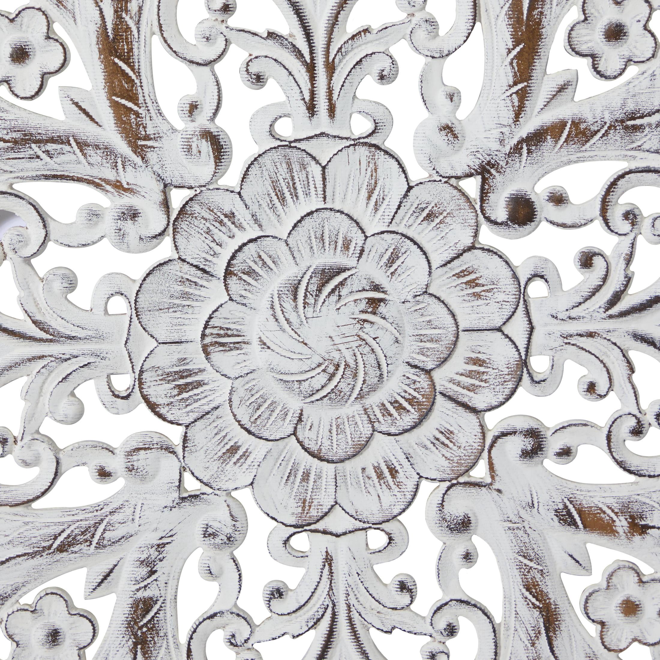 DecMode Traditional White Wood Carved Filligree Medallion Pattern Wall Décor , 36"W x 36"H